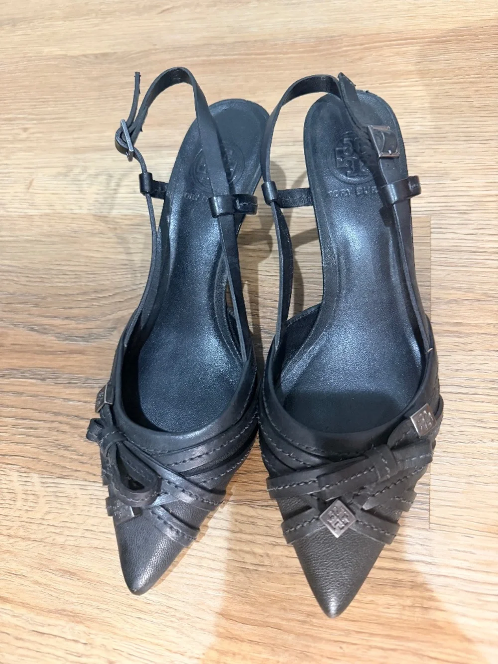 Tory Burch Black Leather Pointed Toe Slingback Kitten Heels 7.5